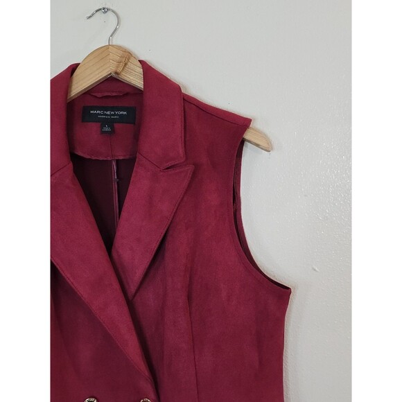 Marc New York Red Suade Longline Trench Jacket Vest Size Large Gold Button - Picture 2 of 10